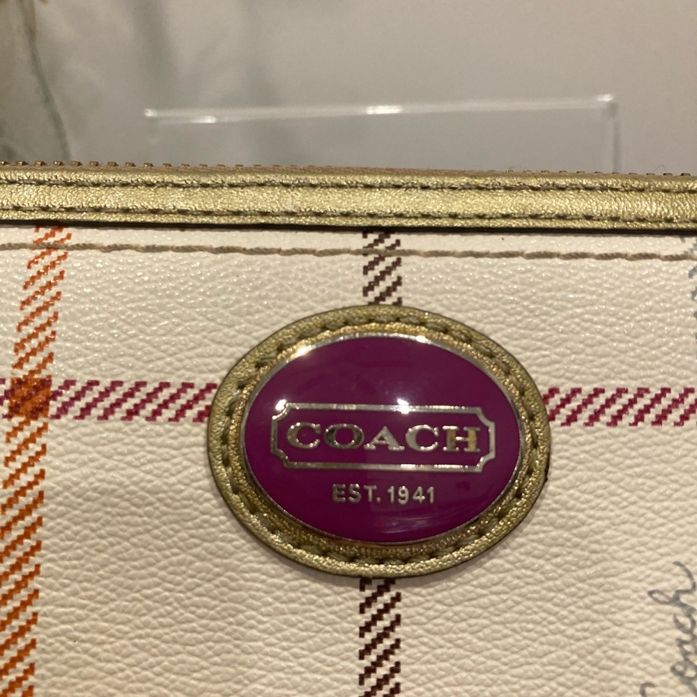 Coach Tattersall Zip Around Wallet (Plaid/Tartan} Cream Gold Trim Large Wallet - Picture 5 of 9